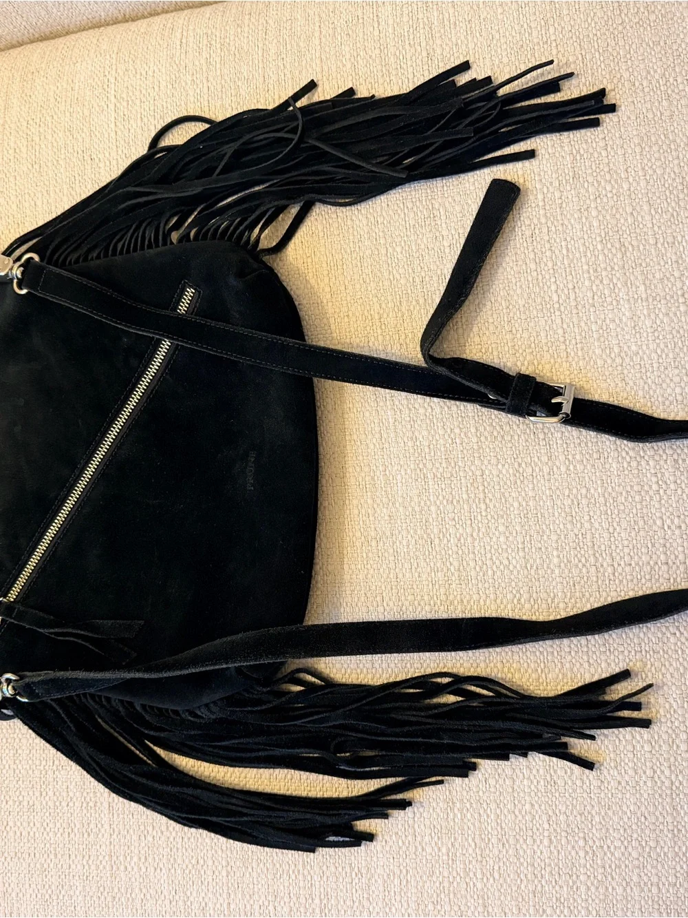 Prune Black Suede Fringe Crossbody with Diagonal Zip
